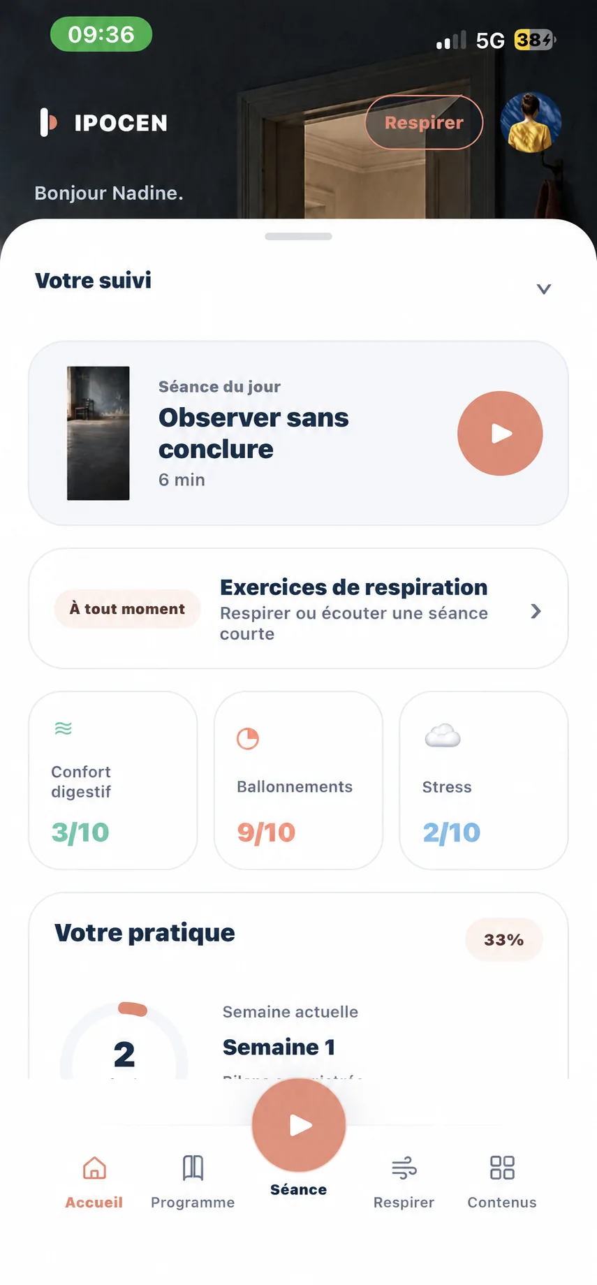 Capture représentative de l’application IPOCEN — programme et progression