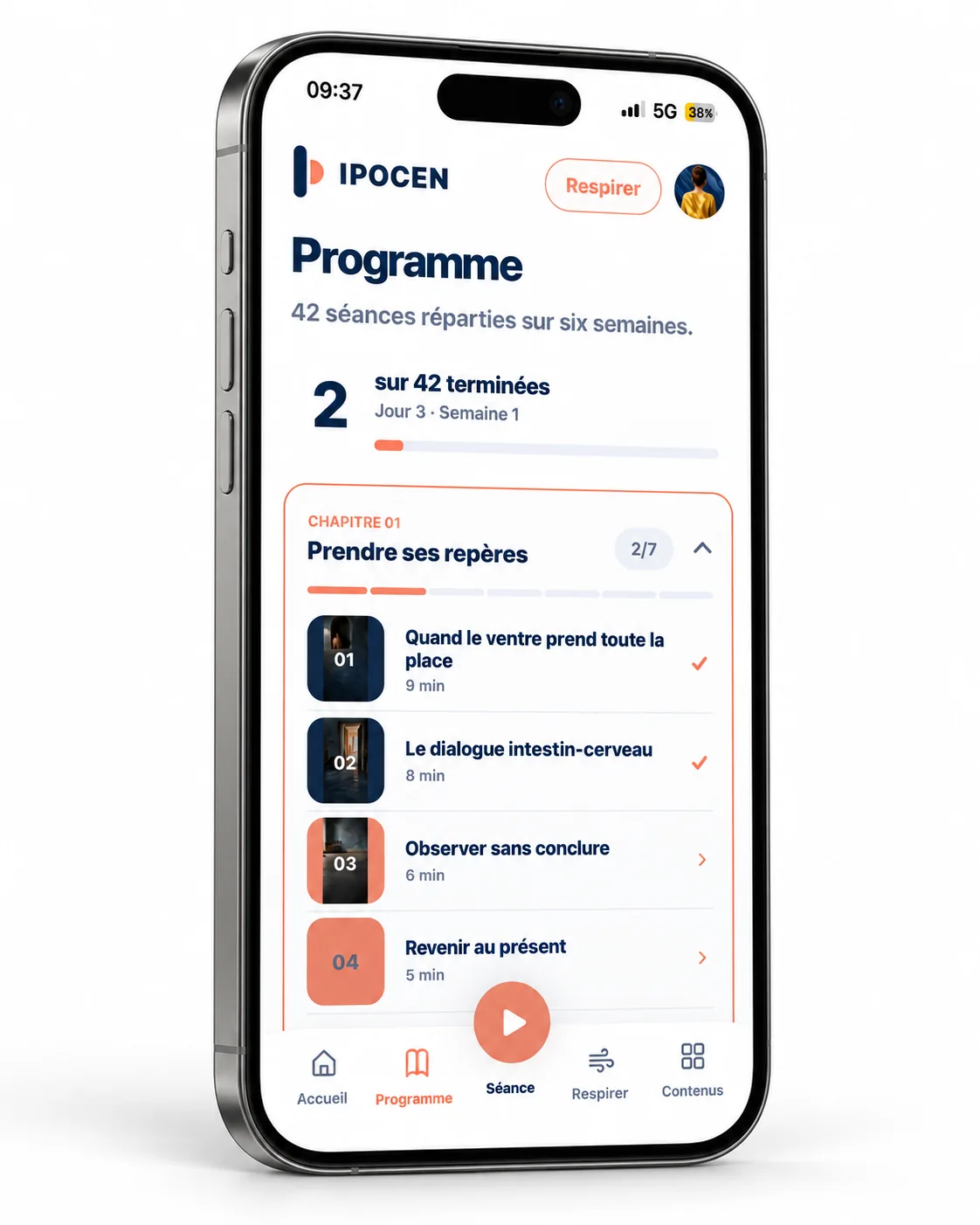 L’application IPOCEN affiche les séances du programme et la progression sur six semaines