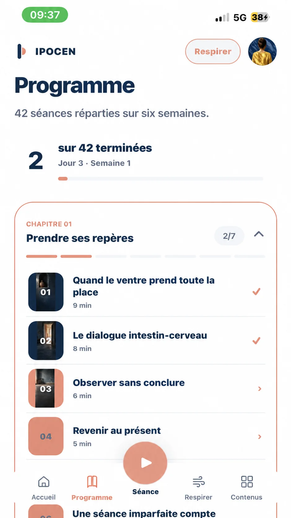Capture représentative de l’application IPOCEN — programme et progression