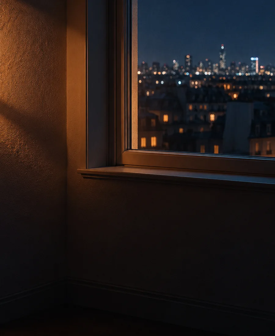 La ville vue d'une fenêtre le soir
